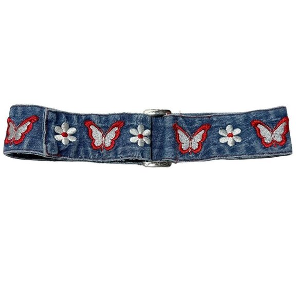 VINTAGE Denim Embroidered 70s Butterfly Boho Belt - Picture 1 of 3